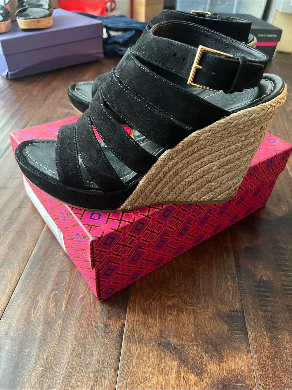 Tory Burch Black Strappy Suede Wedge Sandals with Ankle Buckle